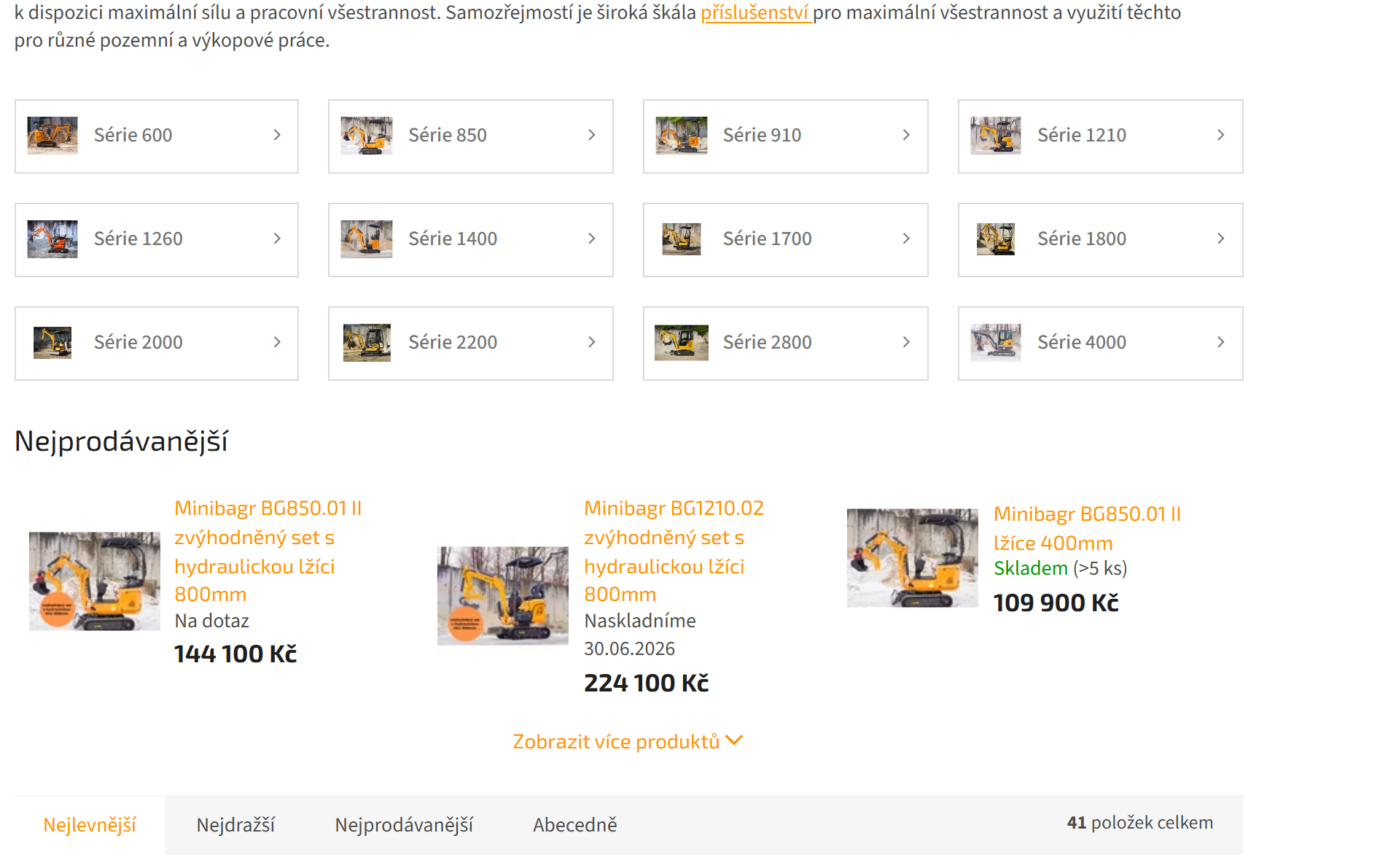 Výběr minibagru v e-shopu BAUGARDEN podle série a ceny