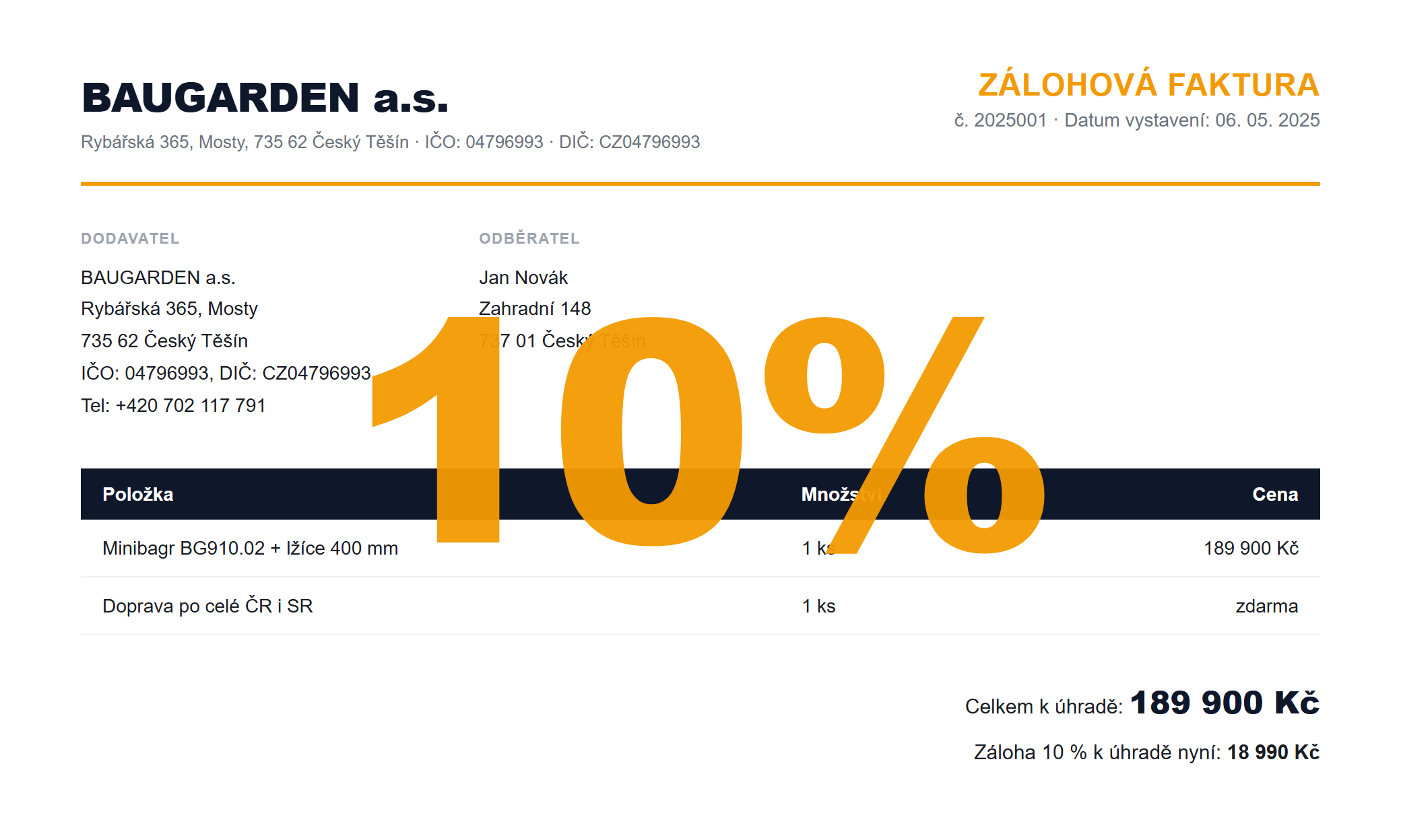 Zálohová faktura s 10% zálohou